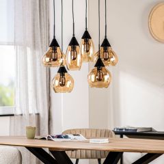Hanglamp zwart amber glas 6-lichts - Lungo